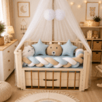 Tour de Lit Tressé Bleu Beige avec Coussins Étoiles et Ours pour Bébé