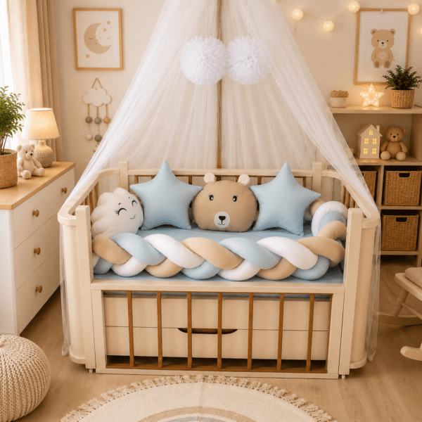 Tour de Lit Tressé Bleu Beige avec Coussins Étoiles et Ours pour Bébé