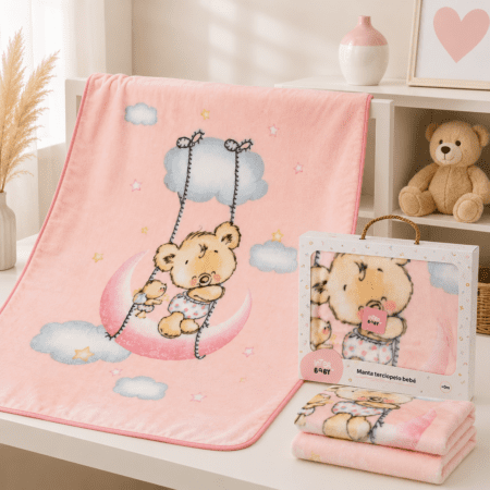Couverture Bébé Interbaby Rose Ultra Douce Motif Ourson Lune