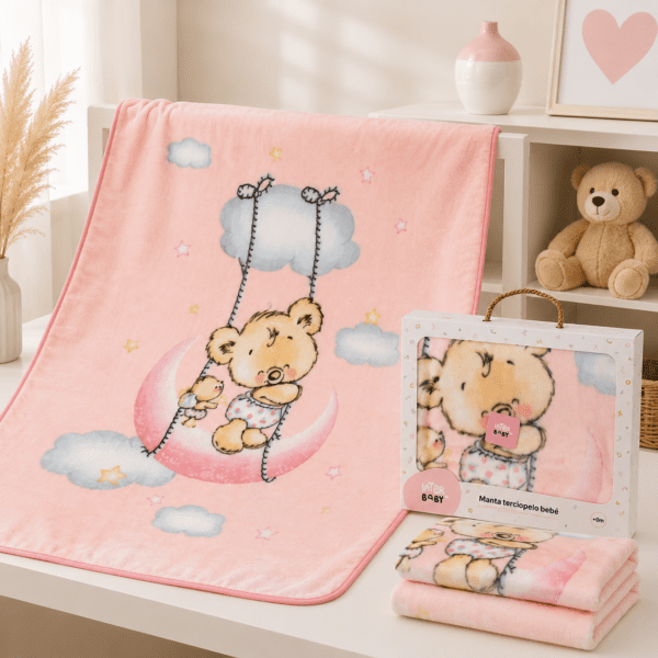 Couverture Bébé Interbaby Rose Ultra Douce Motif Ourson Lune