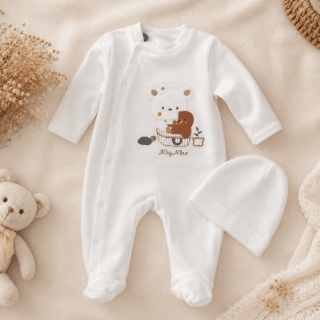 Pyjama Bébé Blanc avec Bonnet et Motif Ourson