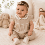 Combishort Bébé Beige Chic à Col Brodé