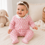 Pyjama Bébé Rose Motif Cœurs avec Col Blanc