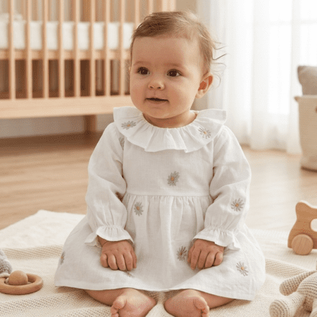 Robe de Cérémonie Bébé Fille Blanche en Lin