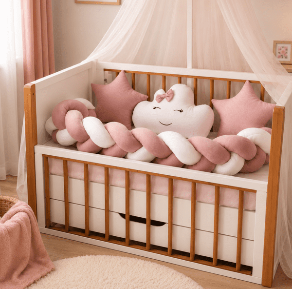 Tour de Lit Tressé Rose et Blanc avec Coussin Nuage pour Lit Bébé