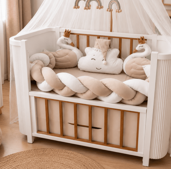 Tour de Lit Tressé Beige et Blanc avec Décoration Nuage & Cygnes pour Lit Bébé