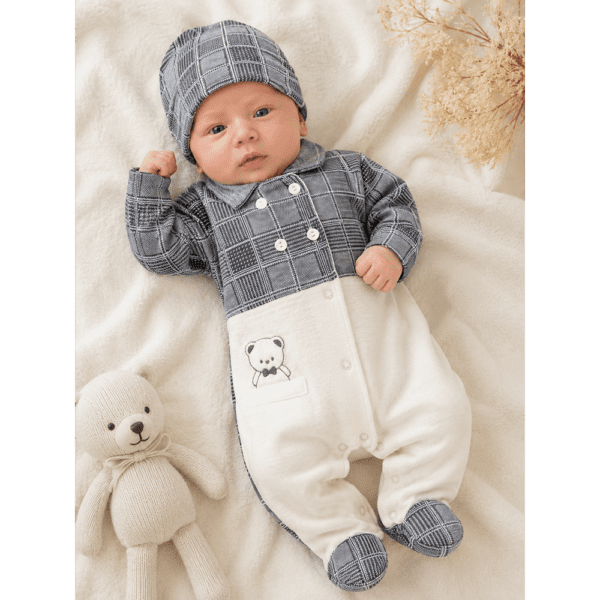 Grenouillère bébé chic avec bonnet motif carreaux 0 3 mois