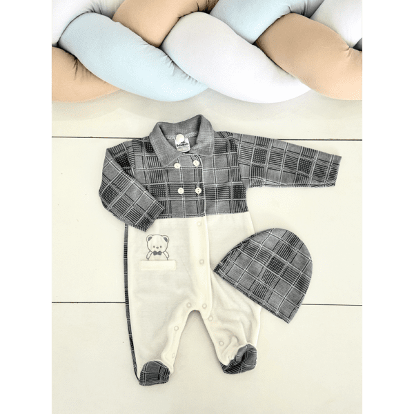 Grenouillère bébé chic avec bonnet motif carreaux 0 3 mois