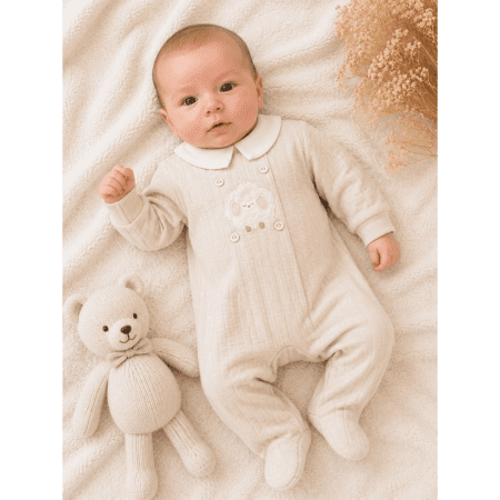 Grenouillère bébé beige avec col et motif mouton 0 3 mois