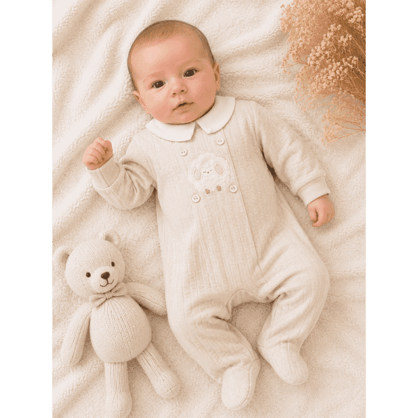 Grenouillère bébé beige avec col et motif mouton 0 3 mois