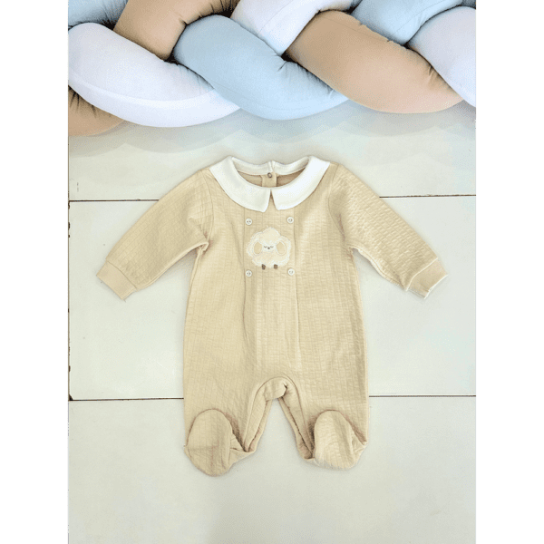 Grenouillère bébé beige avec col et motif mouton 0 3 mois