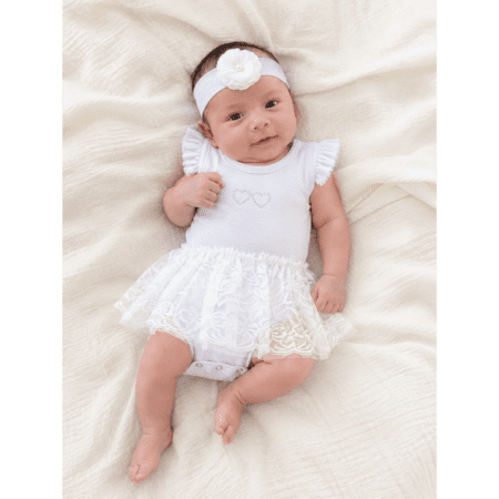 Body bébé fille blanc avec jupe en dentelle et bandeau élégante 0 3 mois