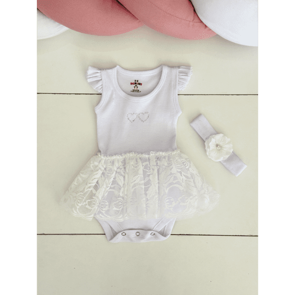 Body bébé fille blanc avec jupe en dentelle et bandeau élégante 0 3 mois