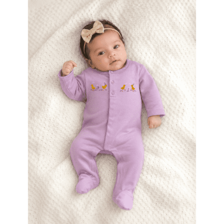 Grenouillère bébé fille mauve avec motifs poussins 0 3 mois
