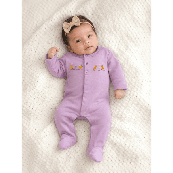 Grenouillère bébé fille mauve avec motifs poussins 0 3 mois