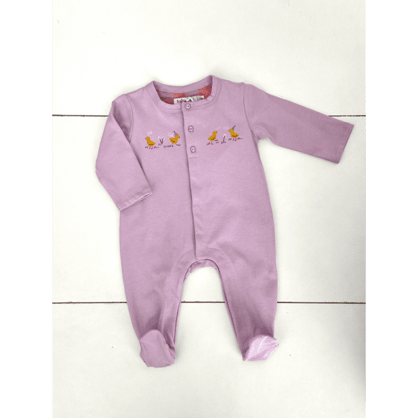 Grenouillère bébé fille mauve avec motifs poussins 0 3 mois