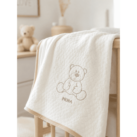 Plaid Bébé Mora en Coton Doux Écru avec Motif Ours