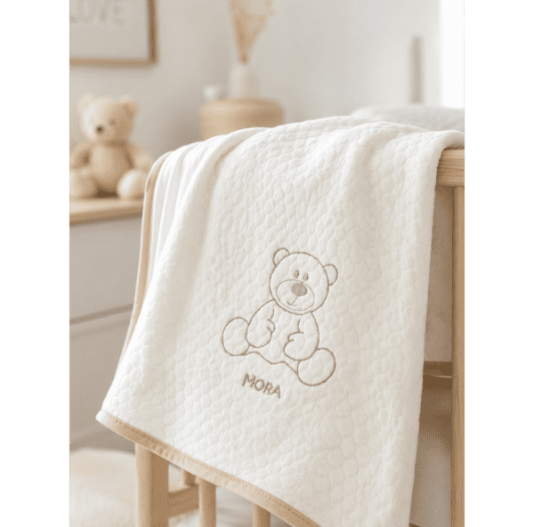 Plaid Bébé Mora en Coton Doux Écru avec Motif Ours
