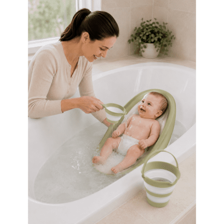 Kit Bain Bébé Pliable 3 Pièces – Support de Bain, Seau et Casserole d’Eau