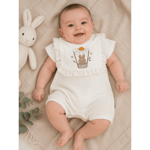 Combishort Bébé avec Bavoir Intégré Brodé Lapin