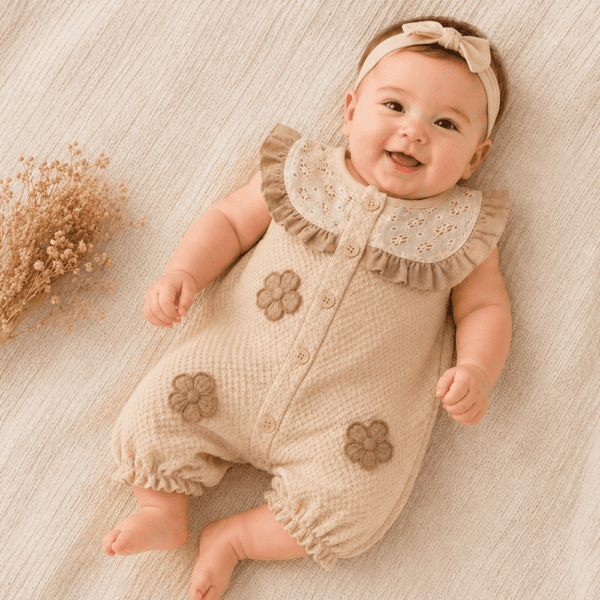 Combinaison Bébé Beige à Fleurs et Dentelle