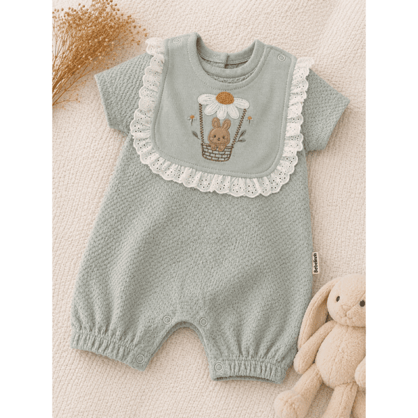 Combishort Bébé avec Bavoir Intégré Brodé Lapin