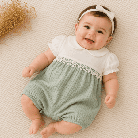 Combishort Bébé Vert Sauge Élégant avec Dentelle