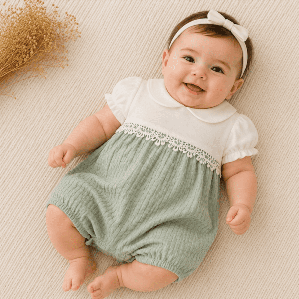Combishort Bébé Vert Sauge Élégant avec Dentelle