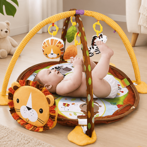 Tapis d’Éveil Bébé Jungle avec Arche de Jeux et Jouets Suspendus
