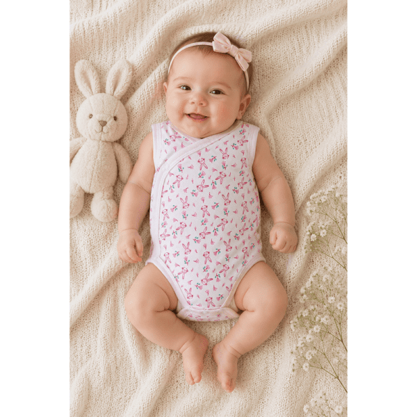 Body Sans Manches Croisé Imprimé Lapins Rose