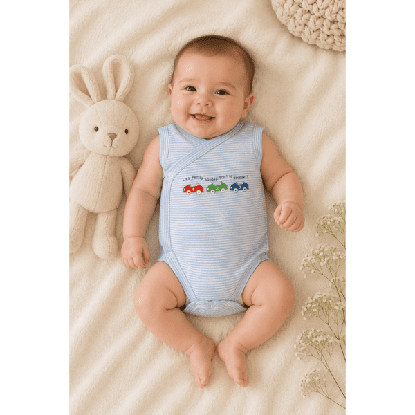 Body Sans Manches Croisé Bleu Rayé avec Motif Voitures