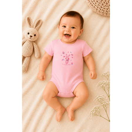 Body Bébé Rose à Manches Courtes Imprimé Lapin pour Nouveau-Né