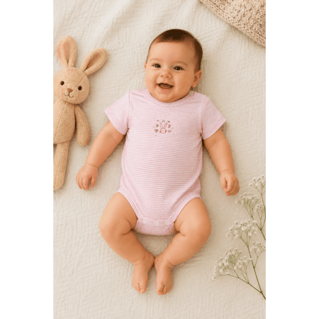 Body Bébé Rose Rayé à Manches Courtes avec Motif Lapin