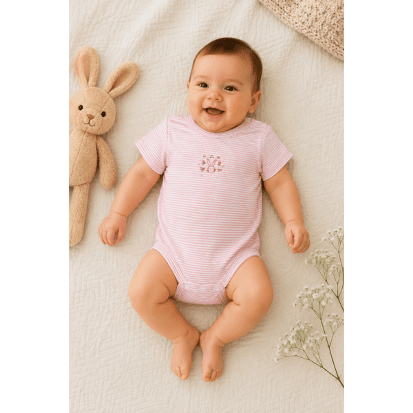 Body Bébé Rose Rayé à Manches Courtes avec Motif Lapin
