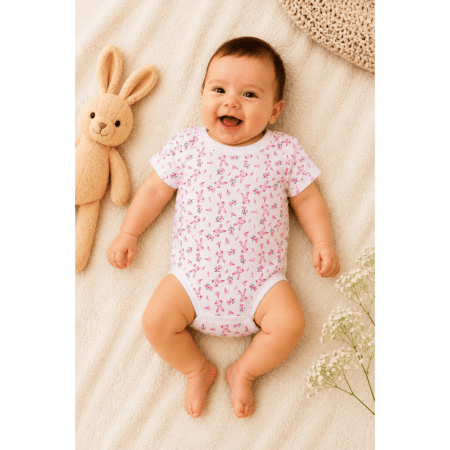 Body Bébé Blanc Imprimé Lapins à Manches Courtes