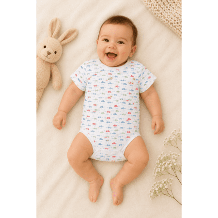 Body Bébé Blanc Imprimé Voitures à Manches Courtes