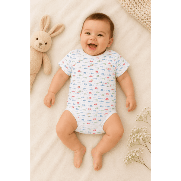 Body Bébé Blanc Imprimé Voitures à Manches Courtes