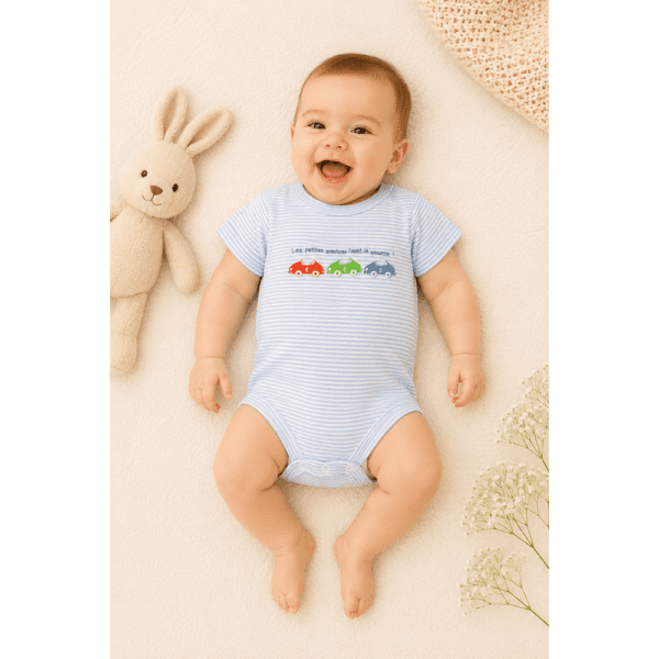 Body Bébé Bleu Rayé à Manches Courtes Imprimé Voitures