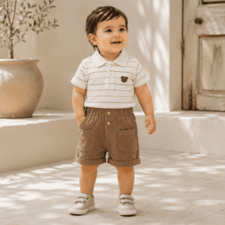 Ensemble Garçon Polo Rayé Beige & Short Marron