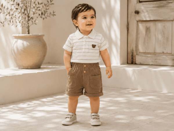 Ensemble Garçon Polo Rayé Beige & Short Marron
