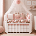 Tour de lit bébé rose avec coussins décoratifs et tresse assortie
