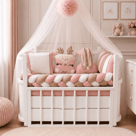 Tour de lit bébé rose avec coussins décoratifs et tresse assortie