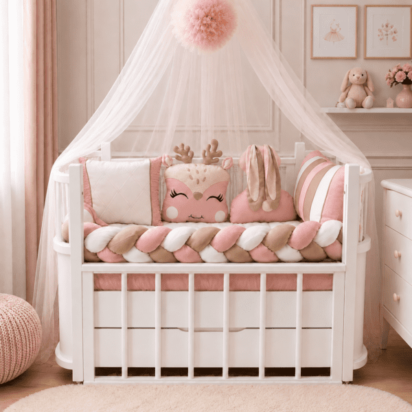 Tour de lit bébé rose avec coussins décoratifs et tresse assortie