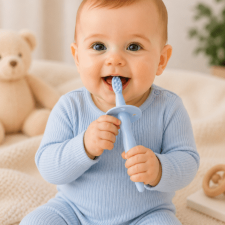 Brosse à dents bébé en silicone avec protection – 0M+ Rose