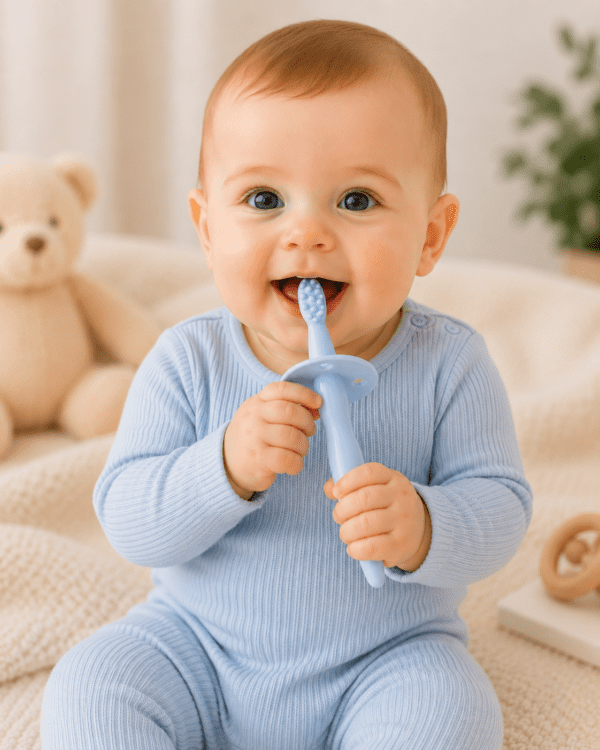 Brosse à dents bébé en silicone avec protection – 0M+ Rose