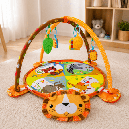 Tapis d’éveil bébé avec arche de jeux et coussin lion – Multicolore