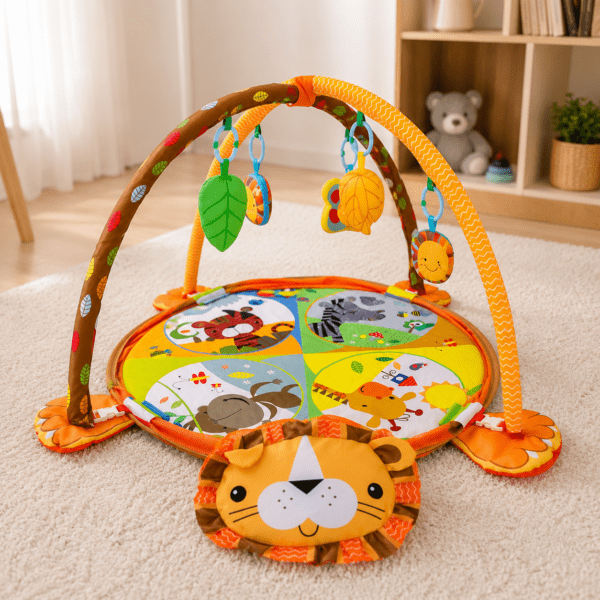 Tapis d’éveil bébé avec arche de jeux et coussin lion – Multicolore