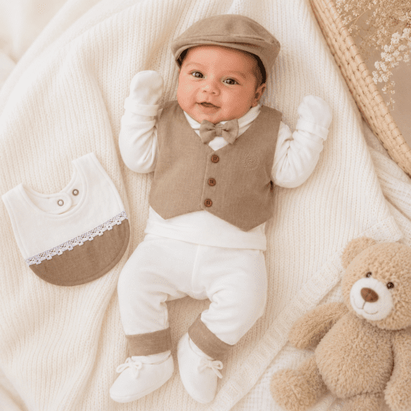 Sortie clinique bébé garçon 7 pièces élégante beige et blanc
