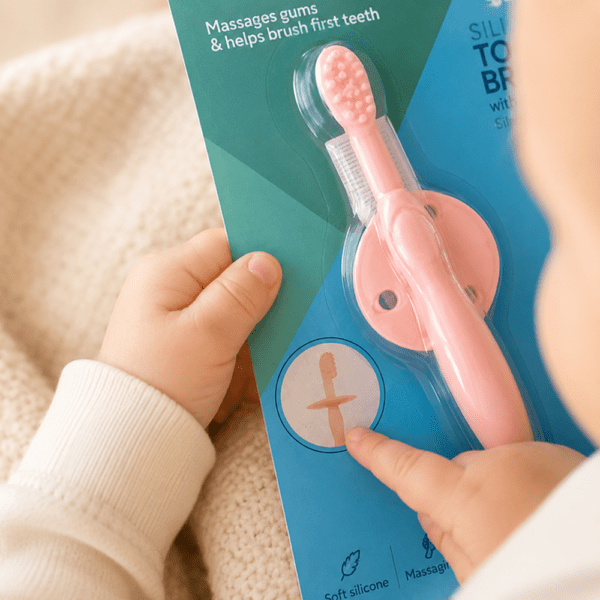 Brosse à dents bébé en silicone avec protection – 0M+ Rose