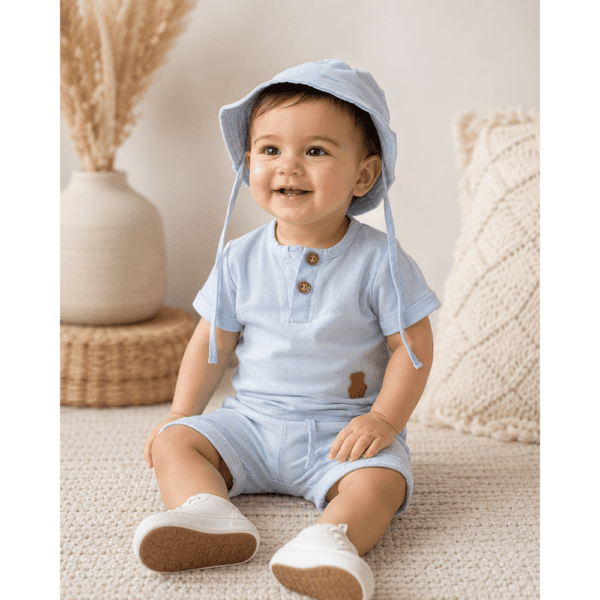 Ensemble Bébé Garçon 3 Pièces Bleu Ciel avec Chapeau